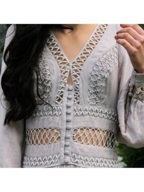 Free People Sculpted Lace-Trim Button Front Top - Light Gray